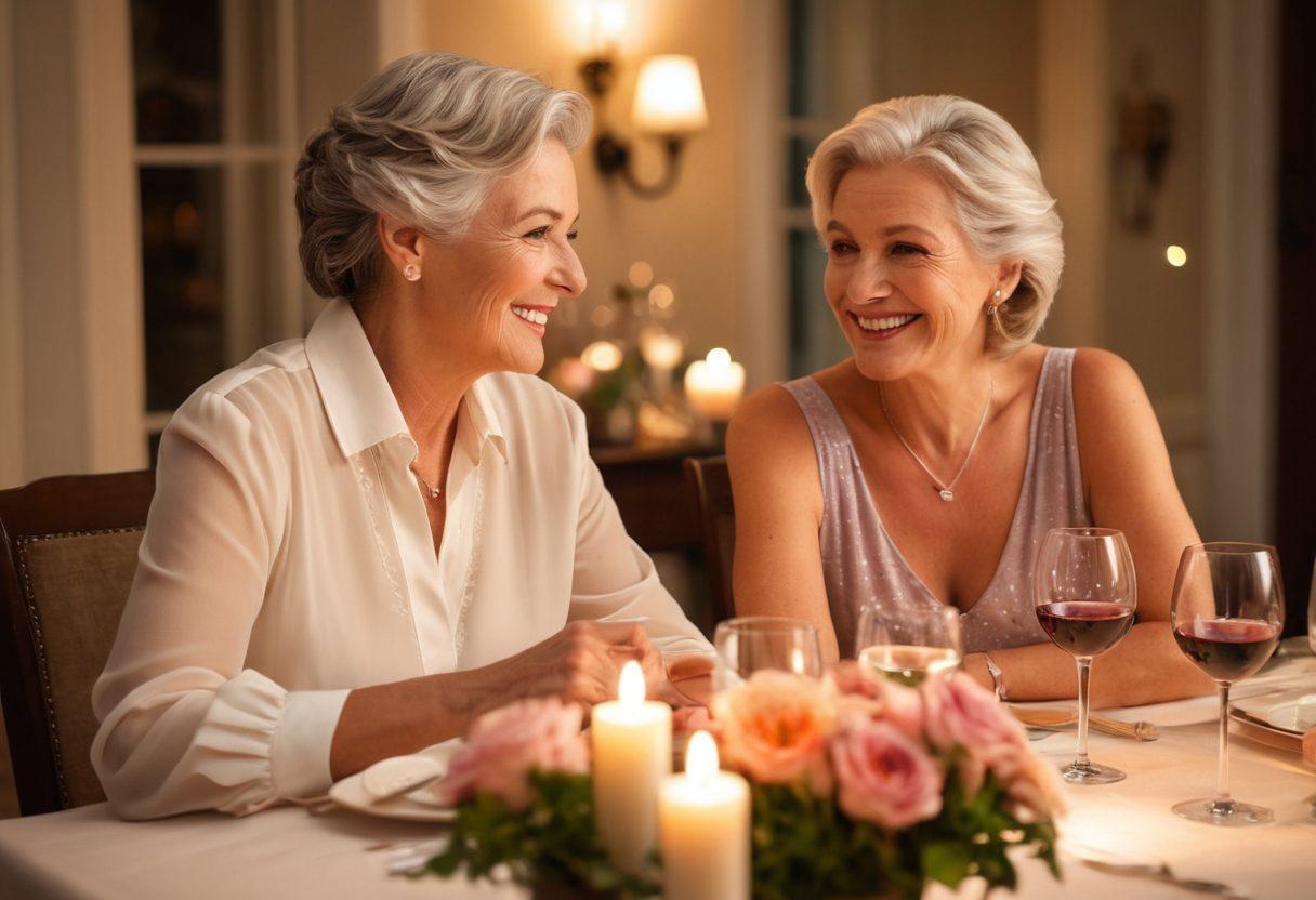 A confident older woman with an inviting smile, surrounded by warm candlelight and soft textiles, engaging in an intimate conversation with a partner at a cozy dinner table. Soft pastel colors enhance the warmth and connection between them, depicting an atmosphere of passion and intimacy. Include elements like wine glasses, flowers, and soft music notes in the background to convey romance and vibrancy. super-realistic. warm tones. soft focus.